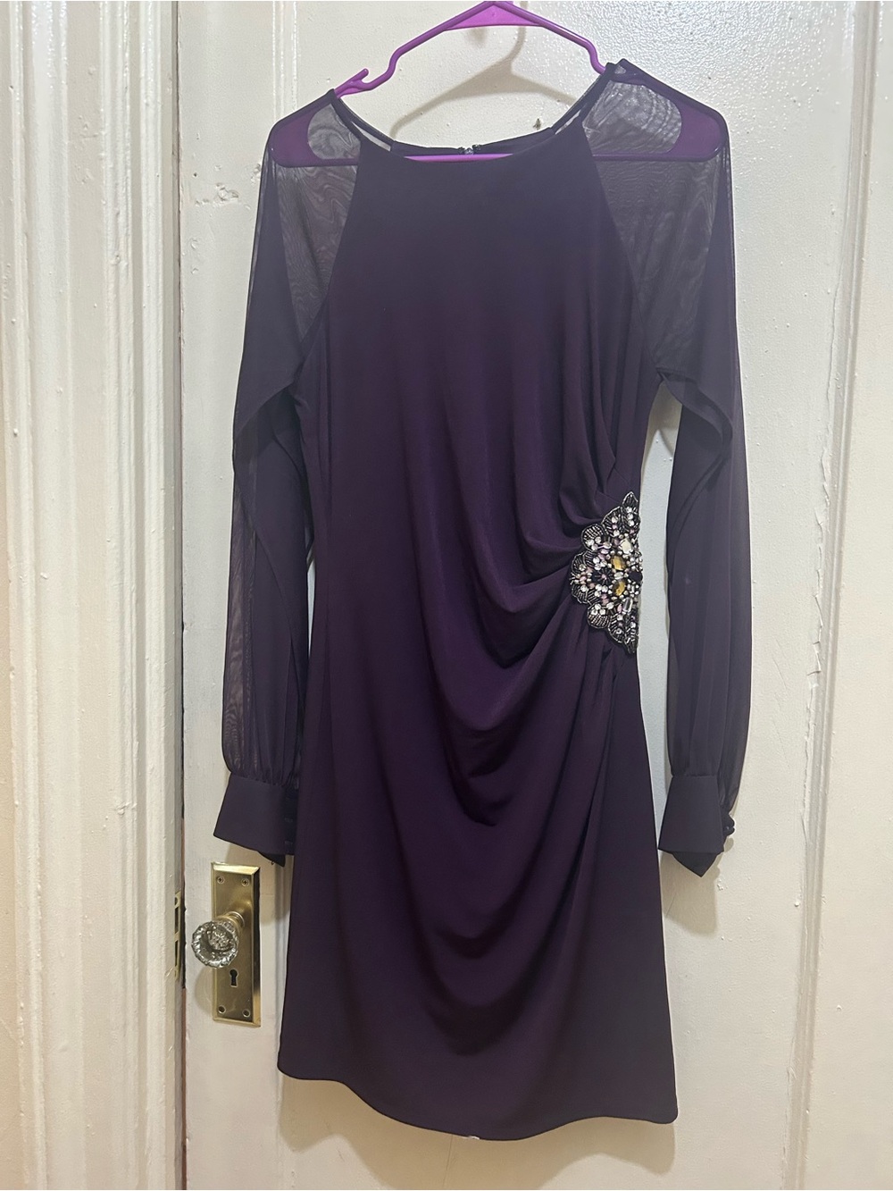 Eliza J Deep Purple Long-Sleeve Draped Cocktail Dress with Beaded Waist Sz 6